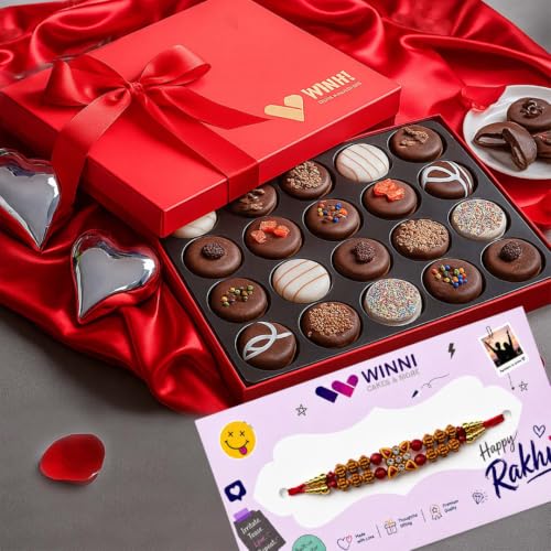 Image of WINNI - Delicious Chocolate Cookies 24 Pcs + Rakhi Pack | Rakhi Gift For Brother & Sister | Celebration Chocolate Cookies Gift Hamper | Rakhi Gift For Kids, Girls, Boys, Brother, Sister, Bhaiya, Bhabhi | Rakhi Gift Set | Dark Chocolate Pack | Choco Cookies Gift Bouquet | Luxury Return Gift