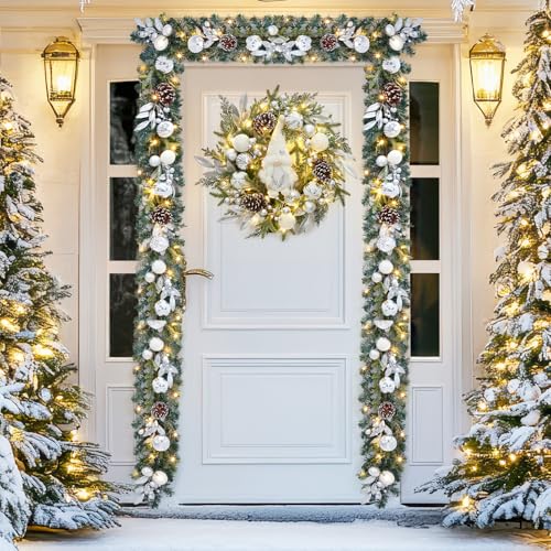 GarveeHome Christmas Garland with Lights, 6 Ft Silver White Lighted Christmas Garland with Pine Cones Ball Ornaments Battery Operated Lights for Indooor Outdoor Mantle Stairs Railing Decorations