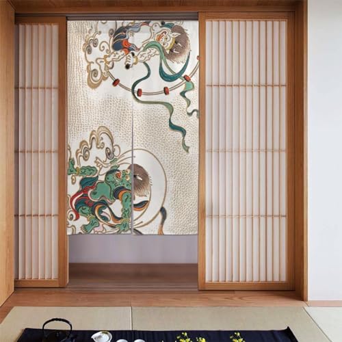 のれん 風神 雷神 浮世絵 和風 洗える アニメ 暖簾 和風 目隠し 遮光 ロング カーテン 間仕切り おしゃれ キッチン リビング 玄関 飲食店 出入り口 幅86cmx丈143cm KFHNS88HB