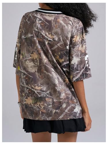 Women's Number Print Mesh Oversized Jersey Shirts Striped Trim Half Sleeve Baggy Camo Graphic Tees3