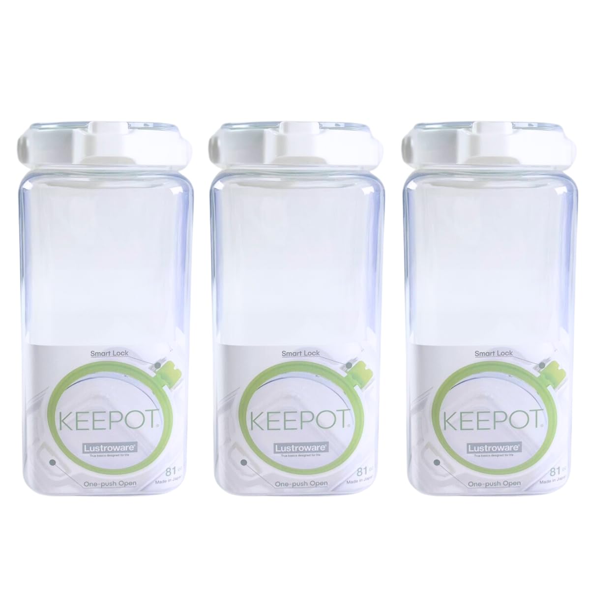 Lustroware 3 Pack, Airtight Dry Food Storage Container Set with Handle, Crystal Clear Body, BPA Free Kitchen Pantry Organization Canisters, Dishwasher Safe, Made in Japan (81 oz)