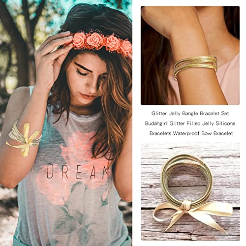 Long tiantian Cute Jelly Bangles Bracelets for Women 80's Neon Pink Glitter Dress Glitter Filled Jelly Bracelet Buddha Purple Dress Accessories Outfit for Women Trendy 20253