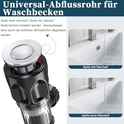 Abflussrohr-Kit für Waschbecken Abfluss, SHUY Siphon Geruchsdichte Waschbecken Ablaufgarnitur Kit mit Flexibler Ablaufschlauch und Pop-Up-Filter Abflussstopfen, 300–1000 mm Erweitert Werden Können