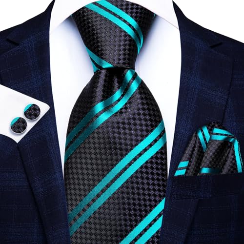 Image of Dubulle Mens Paisley Black Teal Striped Tie and Handkerchief Cufflinks Tie Set for Men Wedding Business Formal