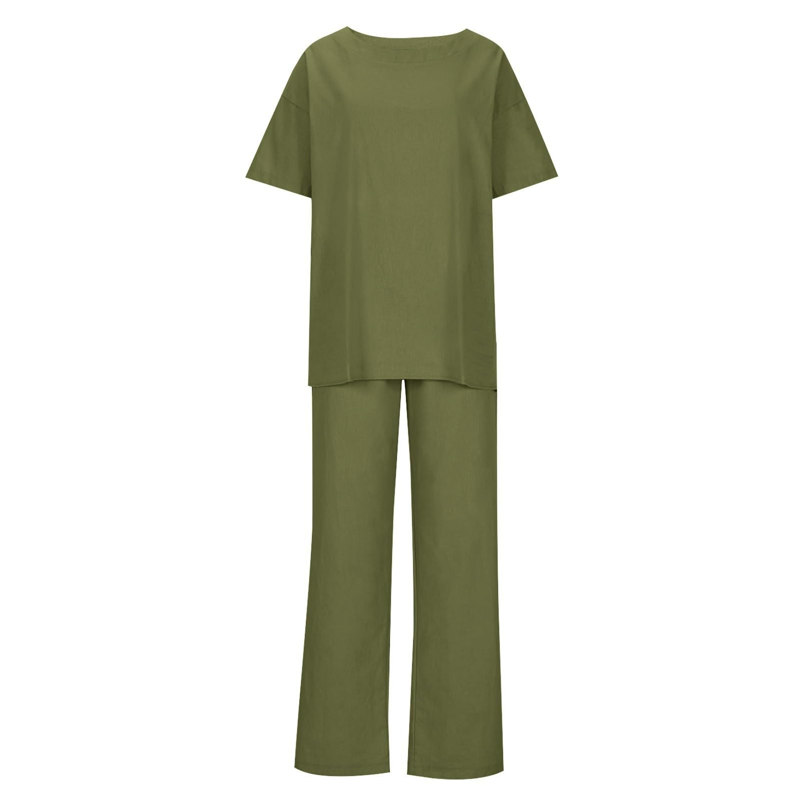 Vetement Femme Ensemble en Lin Chic et Elegant Pantalon Fluide + Haut Manches Courtes Printemps Été Ample 2 Pieces Décontracté Ample Respirant Tenue de Plage Survêtement Grande Taille Loungewear Set