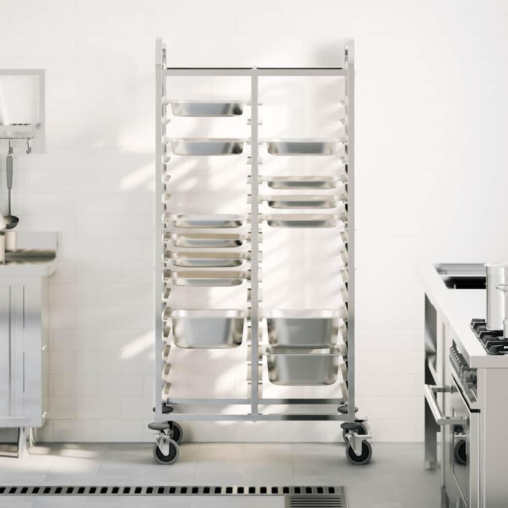 Carrello per vassoi in acciaio inox, 75 x 55 x 162,5 cm, con 32 contenitori GN, ruote a 360 gradi e freni, per cucina, gastronomia, catering, conservazione senza polvere