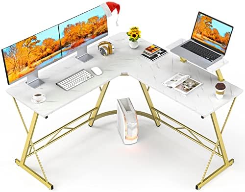 Mr IRONSTONE L Shaped Desk, Computer Corner Desk, Home Gaming Desk, Office Writing Workstation with Large Monitor Stand, Space-Saving, Easy to Assemble (Laminate Marble)