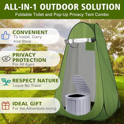 Image of Pop Up Privacy Tent & Portable Toilet for Adults Camping, 190T Oxford Cloth Outdoor Shower Tent Porta Potty Kit for Camp Travel Car Trips Toilet Bathroom Changing Room Green Color