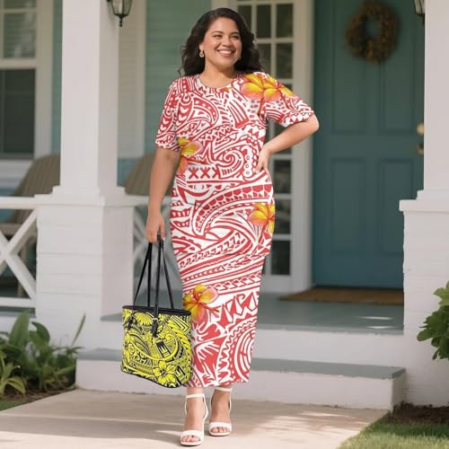 Polynesian Puletasi Samoa Dress for Women Summer Short Sleeves Long Skirt Set Island High Waist Maxi Skirts4