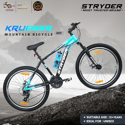 Image of Stryder 26T Krueger 21S Gear Mountain Cycle (Black-Teal Green) - 21-Speed | Front Suspension | Dual Disc Brakes | Steel Frame | Double Wall Alloy Rims | Unisex MTB Bicycle (Black::Teal Green)