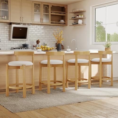 COSTWAY Counter Height Stools Set of 4, Upholstered Kitchen Island Chairs with Low Backs, Solid Rubber Wood Legs, Mid Century Country Barstools with Footrest for Dining Room (Natural)