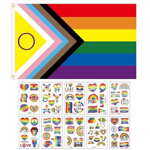 Progress Pride Flag Set 150x90 cm mit Intersex Design und 50 Sticker Set pride flag regenbogen flagge Banner für Parade Party Deko wetterfestes Material mit Ösen für Innen Außen Anwendung