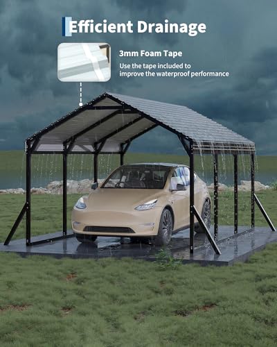 Image of Garvee 10x15x9 ft Metal Carport, Car Port with Reinforced Frame and Steel Roof for All-Weather Use, Permanent Shelter for Sedans, SUVs, or Boats