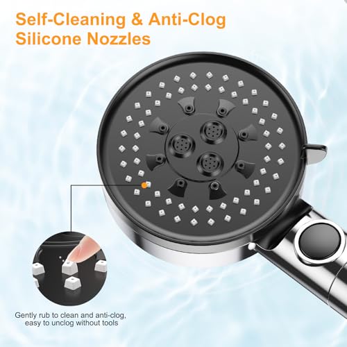 Gritin Duschkopf mit Filter, Hochdruck Handbrause Wassersparend, 5 Strahlarten, Verchromte Duschbrause mit One-Touch Wasserstopp-Taste, Werkzeuglose Installation, Ideal für Hartes Wasser