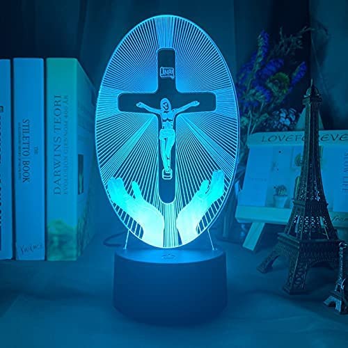Lightzz Gesù Croce 3D Luce Notturna Cristo Luce Ottica Illusione Luci Caldo Bianco In Legno Fatto A Mano The Lord Desk Lampade Camera Decorazione Casa Natale Compleanno Pasqua Regali