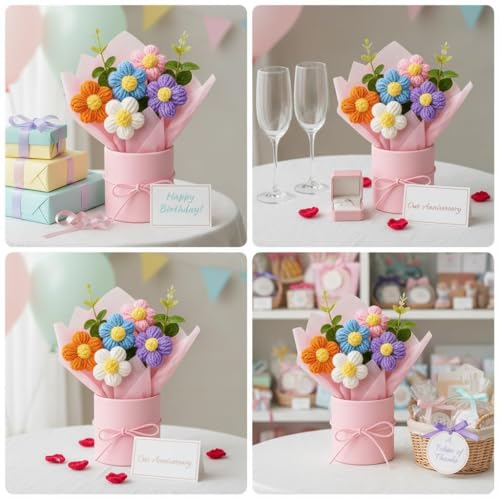 Image of Colorful Handmade Mini Flower Bouquet Gift - Crochet Artificial Flowers in Pot | Cute Bright Desk Decor | Birthday, Anniversary, Return Gift for Women & Girls | Long Lasting Floral Decoration