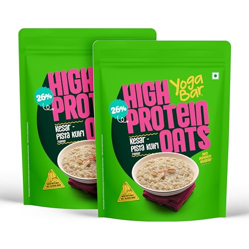 Yogabar 26g High Protein Oats 1kg x 2 , Kesar Pista Kulfi - Breakfast Cereal with Wholegrains, 26% Protein & No added sugar - Oats High Protein for Gym - Premium Protein Blend with Whey Protein Powder - with Goodness of Chia, Sunflower & Pumpkin Seeds & Probiotics for Absorption