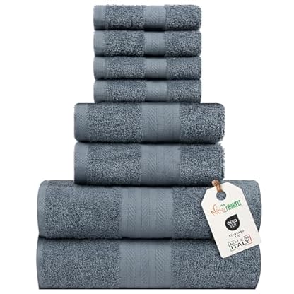 nice homeit Handtuch-Set, mittelgroß, aus 100 % Baumwolle, 8 Stück, hergestellt in Italien, extra weich, saugfähig, 2 Handtücher + 2 Gästetücher + 4 Waschlappen (Dunkelgrau)