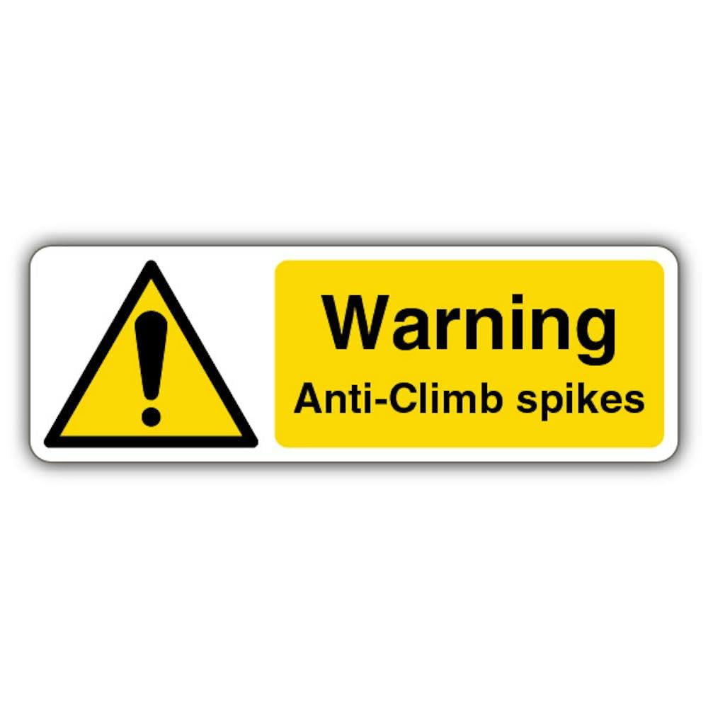 V Safety Warning Anti-Climb Spikes - Landscape Safety Sign - 450 x 150 mm - Glow In The Dark 1mm Rigid Plastic