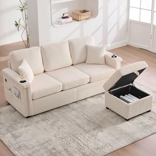 Dachetou Sofá De Terciopelo De Alta Calidad, Incluye Reposapiés, Prácticos Soportes Para Bebidas Y Bolsillos Laterales Calidad Premium Para Salón, Dormitorio U Oficina, Color Beige