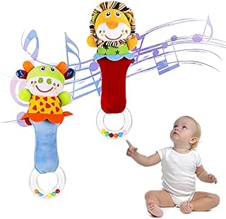 Heyu-Lotus Baby Rattle 2 Pack Rattles Shaker Soft Stuffed Animal Toys Musical Educational Toys Infant Developmental for Baby 3 - 12 Months (Lion/Cow)
