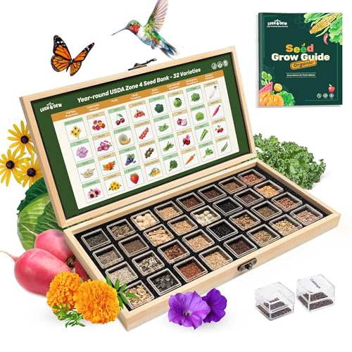 Lush&Dew Year-Round USDA Zone 4 Seed Bank, 32 Varieties Non-GMO Heirloom Seeds of Vegetables, Herbs, Gardening Gifts for Women Men, Emergency Survival Kit for Raised Garden Bed, Greenhouse