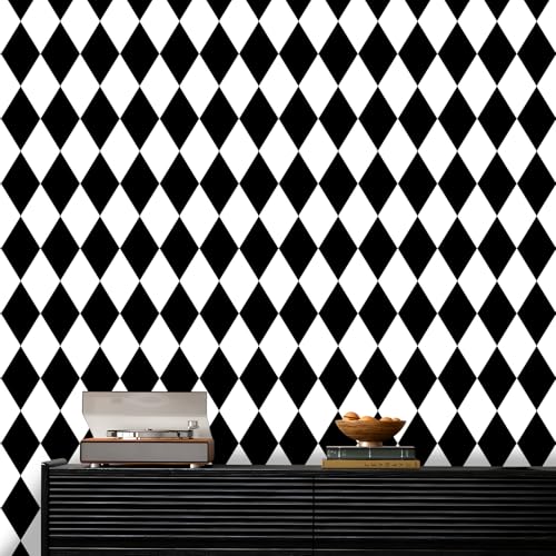 Amiya Black and White Diamond Peel and Stick Wallpaper Rhombus Geometric Vinyl Contact Paper for Laundry Room Kitchen Bathroom Modern Wall Paper A Set of 17.3"×300"
