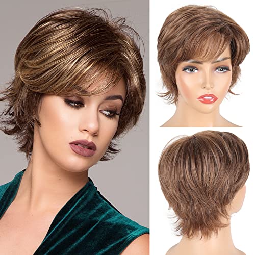 LEOSA Short Pixie Cut Wigs with Bangs for White Women,Brown Mixed Blonde Wig Synthetic Hair Natural Wavy Highlights Wig