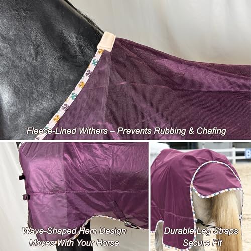 Image of BARN & STABLE Breathable and UV Protective Tear-Resistant Mesh Horse Fly Sheet Comfy Equine Summer Sheet with Removable Web Leg Straps (Dark Purple, 69 in)