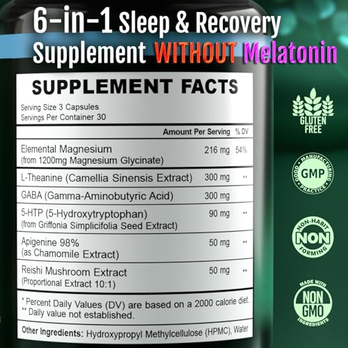 Vitality Labs Natural Sleep Aid Supplement for Adults Without Melatonin - Non-Habit Forming Herbal Sleep - GABA, L-Theanine, Reishi Mushroom, Apigenin, Magnesium Glycinate, 5-HTP - 90 Vegan Capsules - Image 3