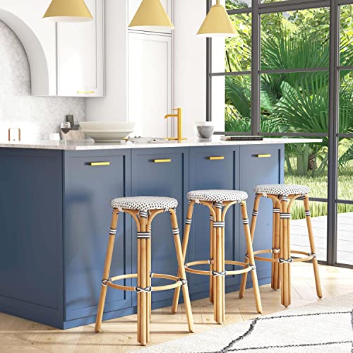 Butler Specialty Company Tobias Round Rattan 30" Bar Stool - White And Navy Dot #TOP1