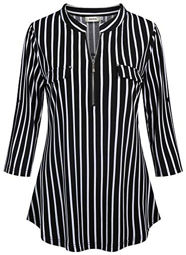 Bepei Women Tops 3/4 Sleeve,Dressy Fancy Blouses Regular Fit Stripes Office Work Shirts Oversize Knitted Tunic Dating Church Travel Outdoor Wear Plus Size Black White 2Xl #TOP1