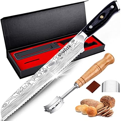 MOSFiATA Bread Knife 8” Ultra Sharp Serrated Knife, German High Carbon Stainless Steel EN1.4116 Bread Slicer with Bread Lame, Micarta Handle, For Bread, Cake, Bagels Cover