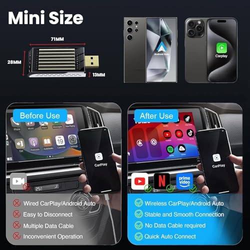 Image of Carlizem Carlizem Wireless AI Car Box 3-in-1 Wireless CarPlay & Android Auto with YouTube /Netflix /Prime /Hotstar 4GB RAM 32GB Storage Cortex-M3 Processor Android 13 BT 5.4 GMS Certified Plug & Play