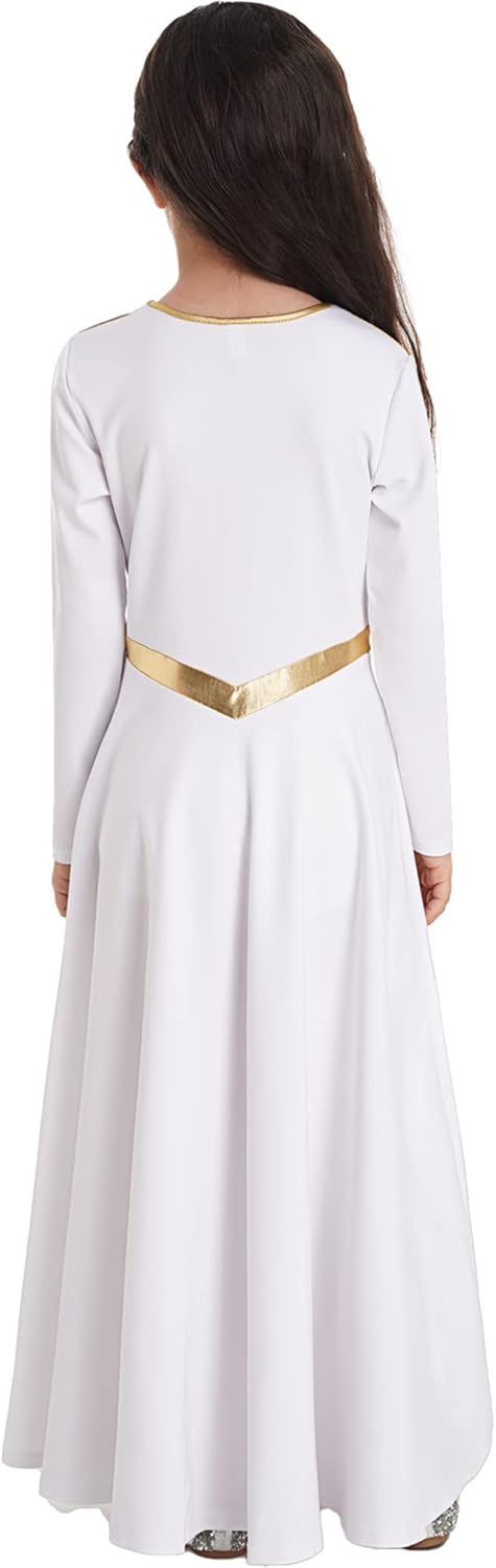 Agoky Girls Metallic Praise Dance Dress Long Sleeve Liturgical Dancewear Full Length Church Robe Loose Fit Worship Costume : Clothing, Shoes & Jewelry