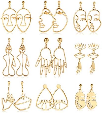 YADOCA 9 Pairs Face Hand Earrings for Women Hollow Statement Geometric Fun Abstract Art Earrings