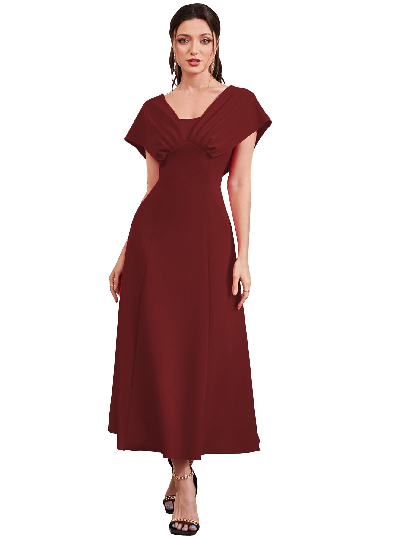 shasmi Women’s & Girl's Solid A-Line Maxi Dress | V-Neck Pleated Bodice | Cap Batwing Sleeves | Fit & Flare Evening Gown (Dress 274)-picture-41