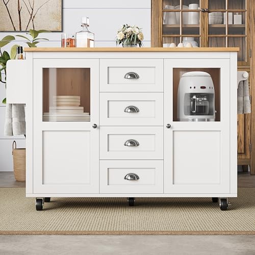 Merax Isla de cocina con encimera plegable, carrito de cocina móvil, armario de cocina con ruedas, con 2 puertas, 4 cajones y toallero, 137,9 x 45-73 x 92,5 cm, color blanco