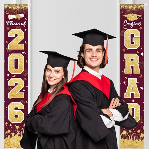 Image of 2026 Graduation Party Decorations - Maroon Gold Class of 2026 Congrats Grad Porch Sign Banner Hanging Flag Graduation Party Supplies for School College Classroom Decor