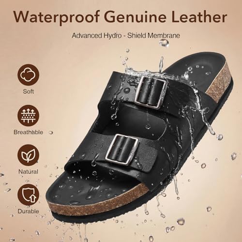 Image of ZURIN Genuine Leather Sandals for Women,Cork Footbed Slide Platform Sandals with Arch Support, Suede Double Buckle Slip On Slides for Summer Beach Walking Indoor Outdoor
