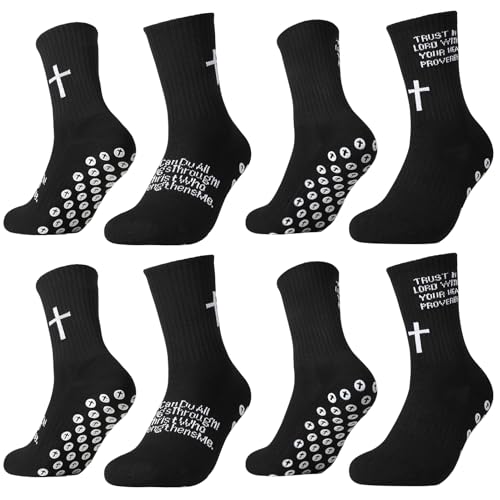 Jspupifip 4 Pairs Cross Grip Soccer Socks Anti Slip Christian Sports Socks with Bible Verse Jesus Athletic Cotton Sock for Men (Black)