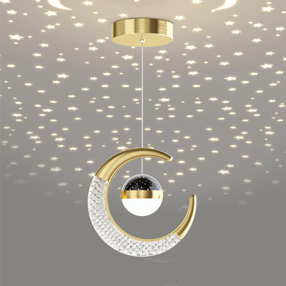 Mengjay Modern LED Pendant Light,Creative Star Moon Projection Pendant Lamp Night Light for Kids,LED Ceiling Light Hanging Lamp for Children Bedroom Decoration (Gold (Warm Light))