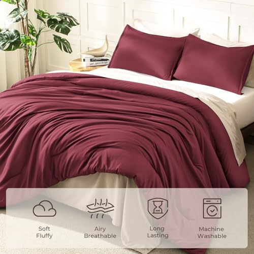 Image of Litanika Burgundy Red Comforter Set Full Size, 3 Pieces Lightweight Solid Bedding Comforter Set, All Season Fluffy Bed Set (79x90In Comforter & 2 Pillowcases)