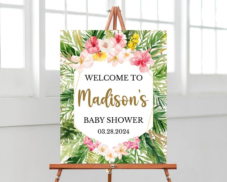 Personalized Baby Shower Welcome Sign, Floral Tropical Baby Shower Decor, Baby Shower Poster, Baby Shower Sign,