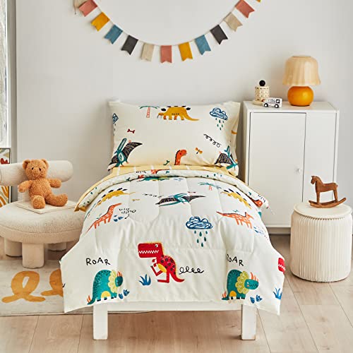 Joyreap 4 Piece Dinosaur Toddler Bedding Set, 100% Cotton, Colorful Dino Print on Cream White, Includes Quilted Comforter, Fitted Sheet, Top Sheet, Pillow Case