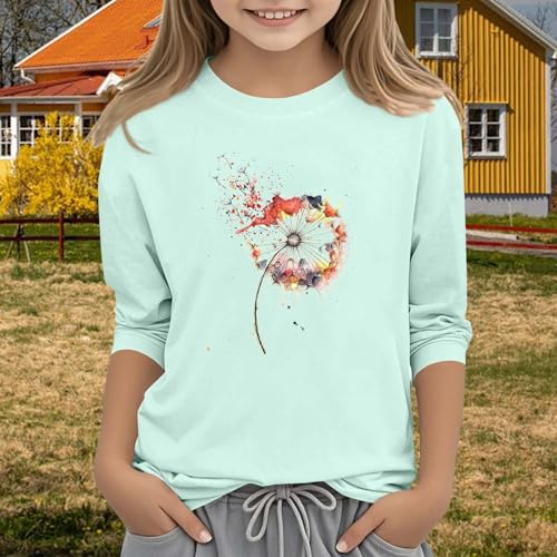 Teen Girls Floral 3/4 Length Sleeve Top Summer Crewneck Casual Athletic Blouse for Kids Soft (Mint Green #7, 6-7 Years)4