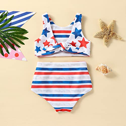 Image of Toddler Girls 4th of July Swimsuit American Flag Reversible Bathing Suit Patriotic Crop Top High Waisted Bikini Set