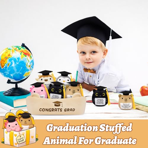 Image of 6 Pcs Emotional Support Plush Set,Graduation Stuffed Animal 2026 with Basket & Graduations Words,Cute Graduation Plush for Kids Men Women,Graduation Gifts for Kindergarten,High School College