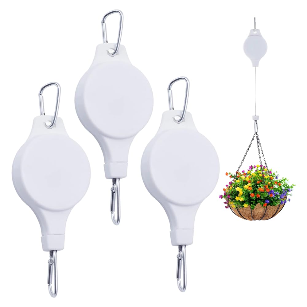 Retractable Plant Pulley, 3pcs Adjustable Heavy-Duty Hanging Basket Hooks for Garden Planters and Bird Feeders