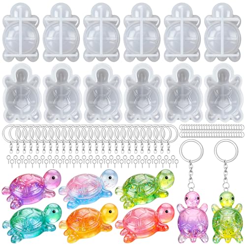 12 PCS Mini Turtle Resin Molds Little Turtle Molds with 12 Pcs Key Ring Accessory Epoxy Resin Casting Mold for Home Decoration